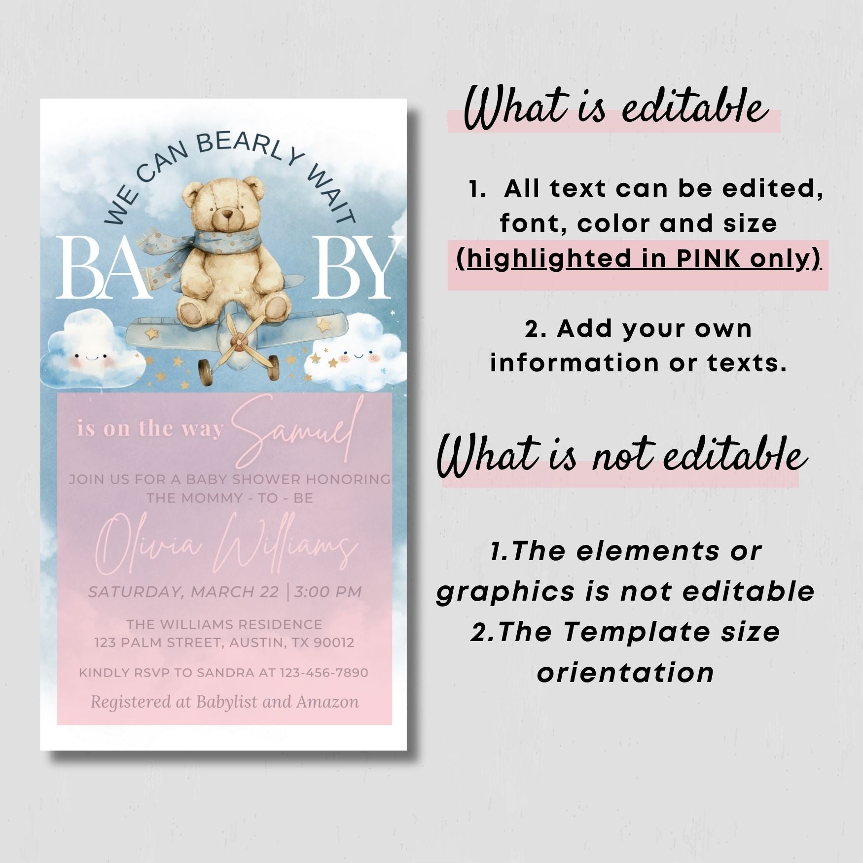 Electronic Cute Bear Pilot Baby Shower Invitation with editable text and whimsical airplane design for a baby boy.