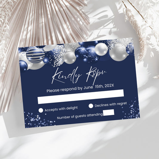 Navy blue formal invitation card with white text and decorative elements on a light background