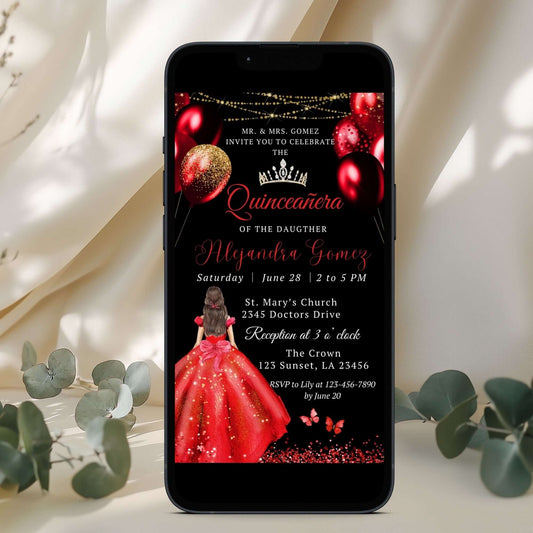 Red Dress Princess Quinceanera Invitation