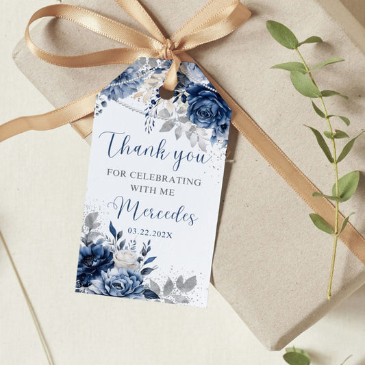 Customizable Blue Navy Floral Thank You Tags