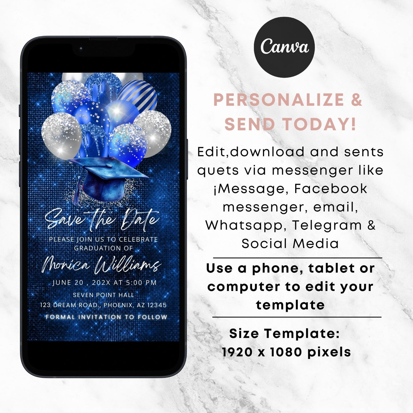 Royal Blue Glitter Graduation Save the Date Video Invite