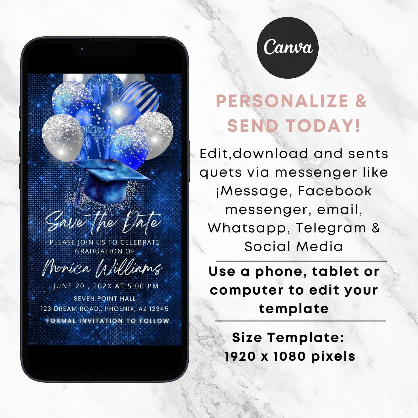 Royal Blue Glitter Graduation Save the Date Video Invite