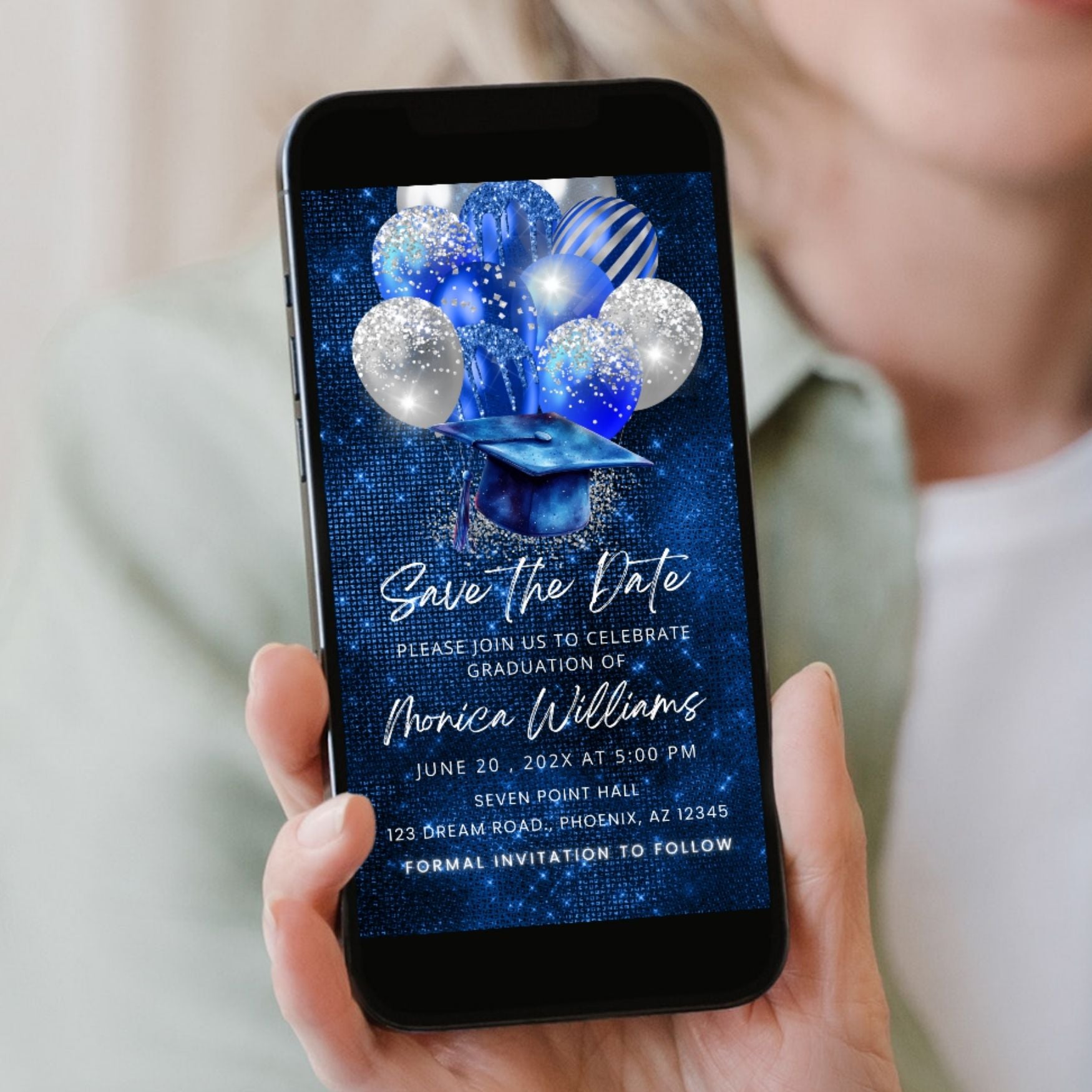Royal Blue Glitter Graduation Save the Date Video Invite