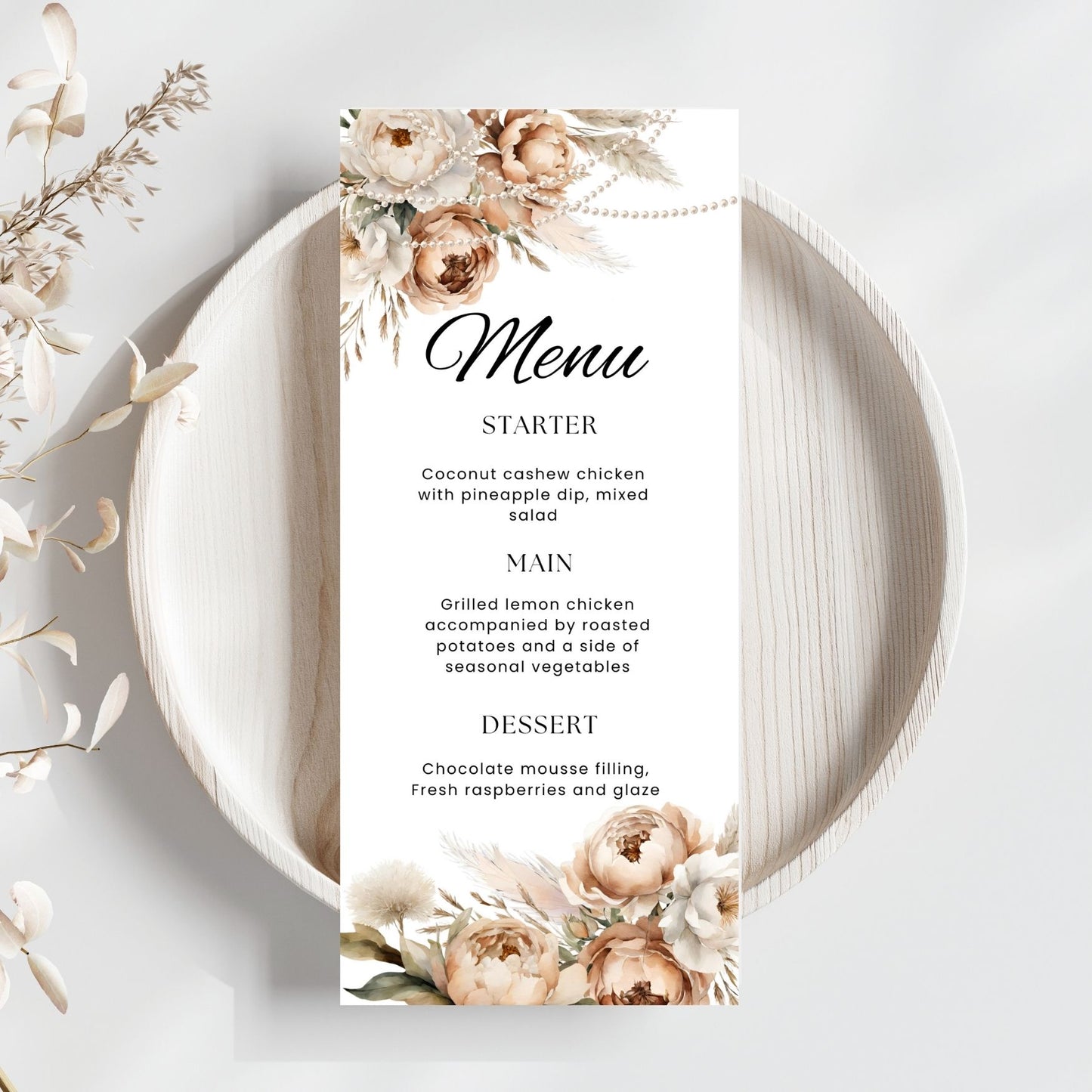 Menu card with Beige floral and pearls design on a white plate