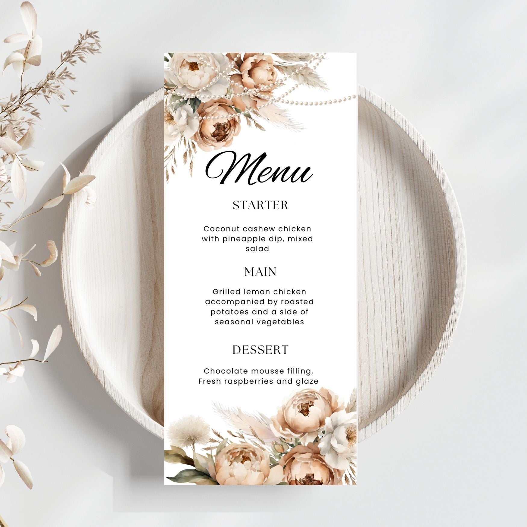 Menu card with Beige floral and pearls design on a white plate