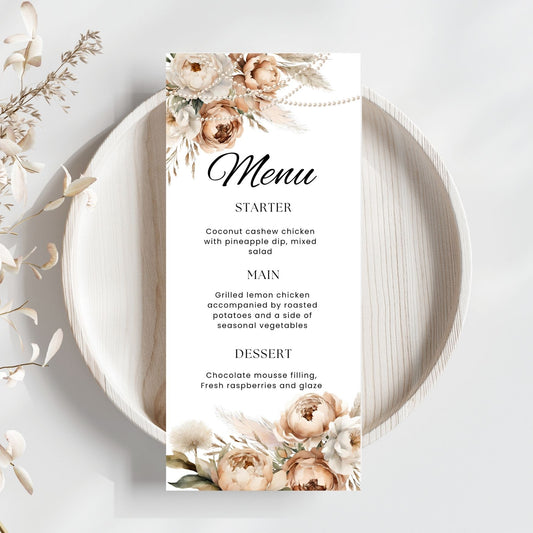 Menu card with Beige floral and pearls design on a white plate
