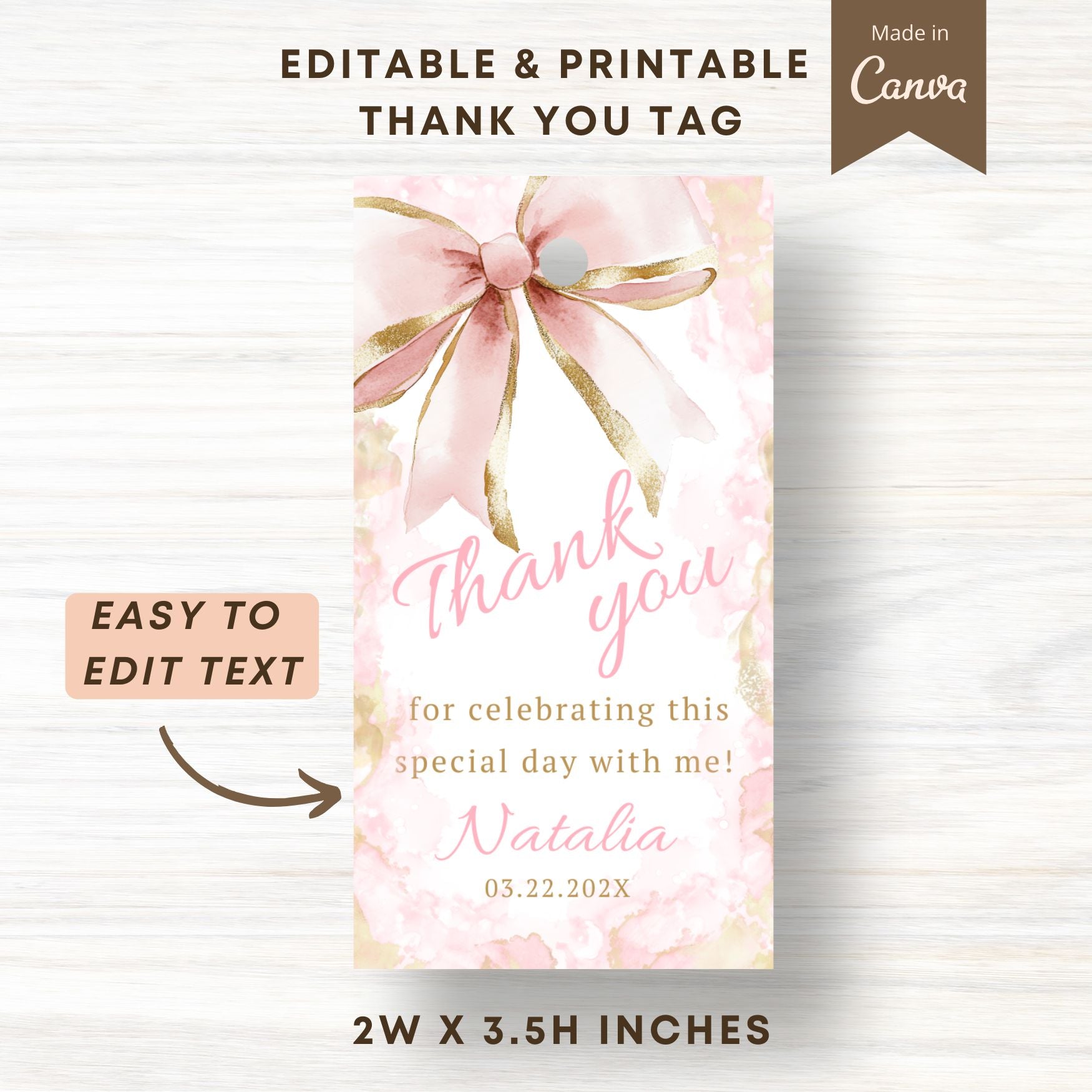 Elegant Coquette Pink Gold Bow Thank You Tags