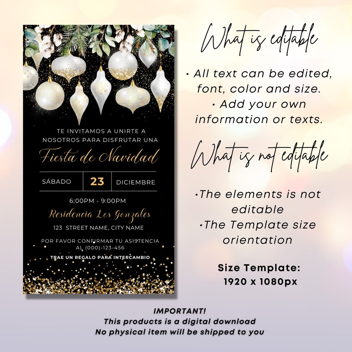 Editable White Gold Christmas party invitation card with editable text on a festive background