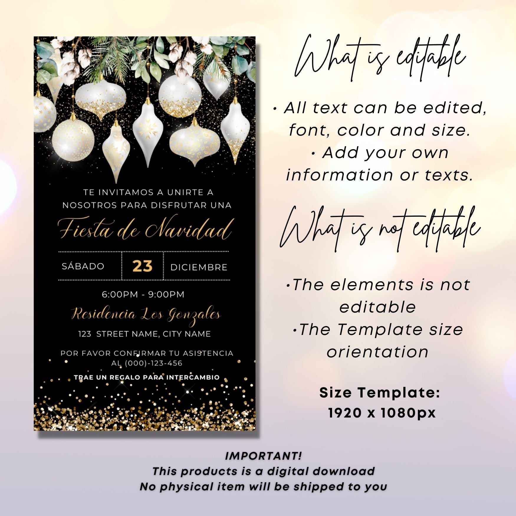 Editable White Gold Christmas party invitation card with editable text on a festive background