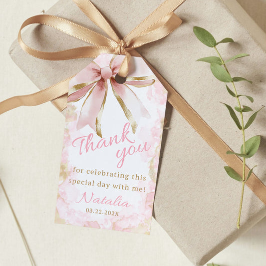 Elegant Coquette Pink Gold Bow Thank You Tags