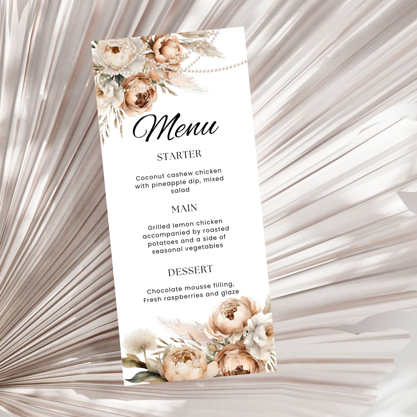 Menu card with Boho floral and pearls design on a textured beige background