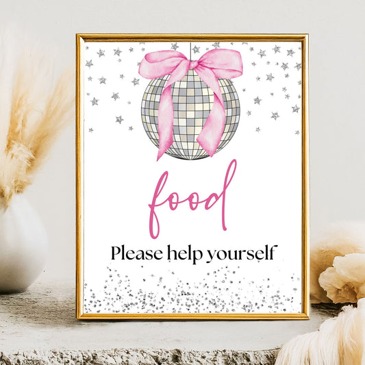 Decorative sign with a disco ball and pink bow, text 'food Please help yourself', framed in gold on a white background.