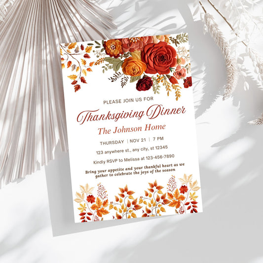 editable Fall Floral Thanksgiving dinner invitation with autumnal design on a white background