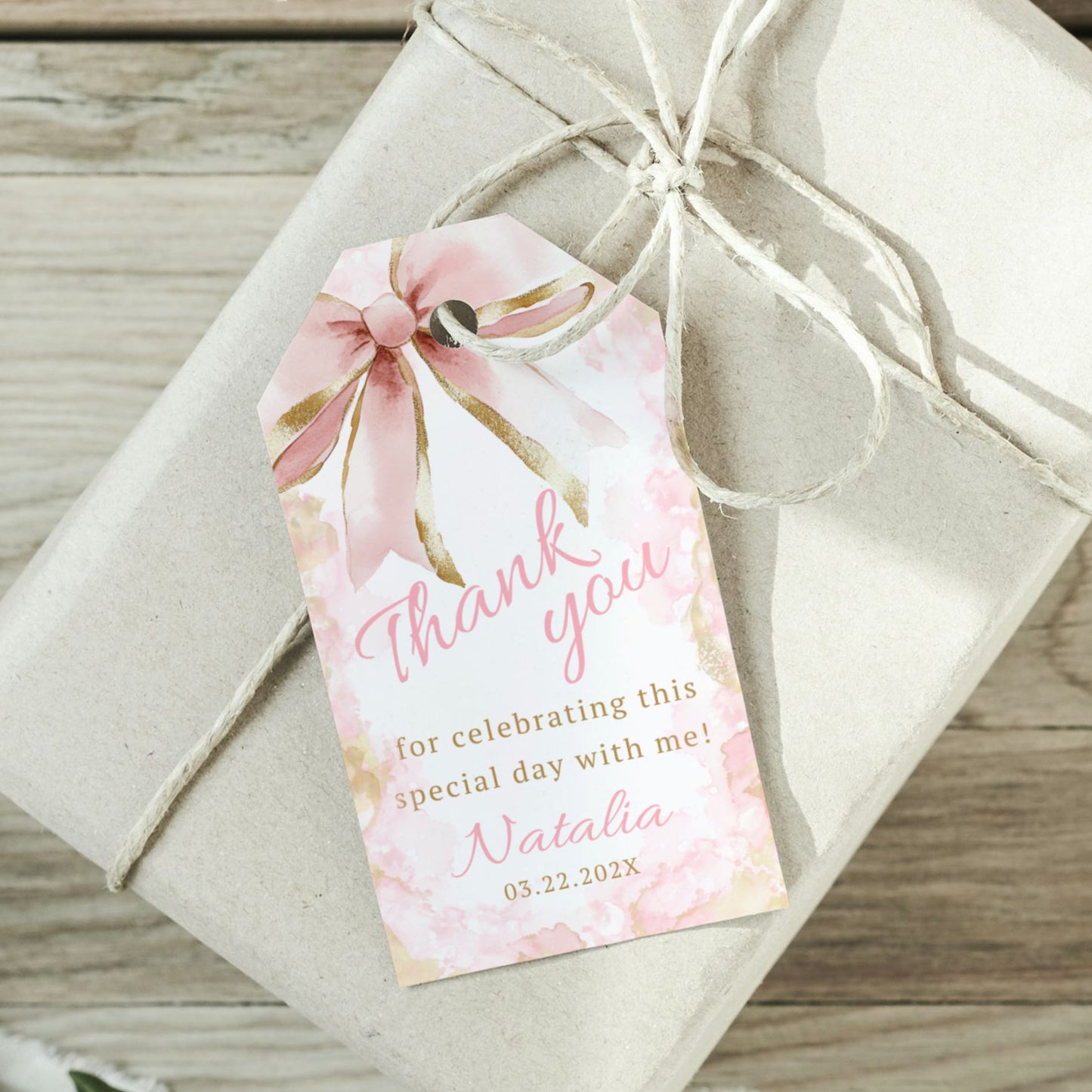 Elegant Coquette Pink Gold Bow Thank You Tags