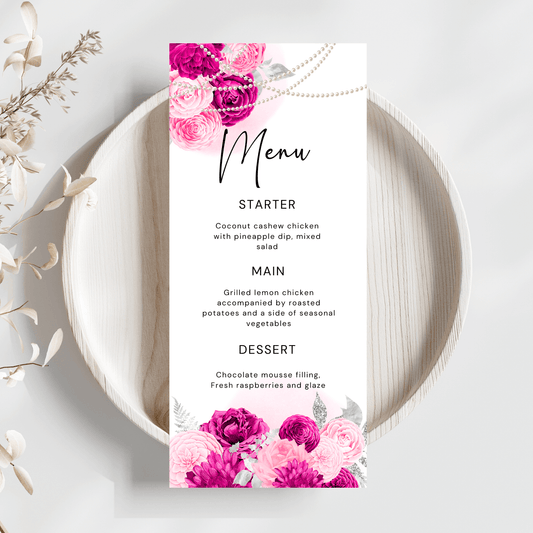 Hot Pink Floral and Pearls Menu Card Template