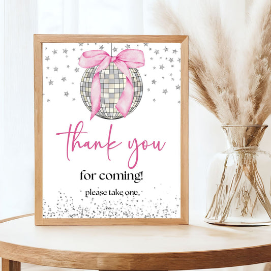 Printable Pink Bow and Disco Ball Thank you for coming Sign