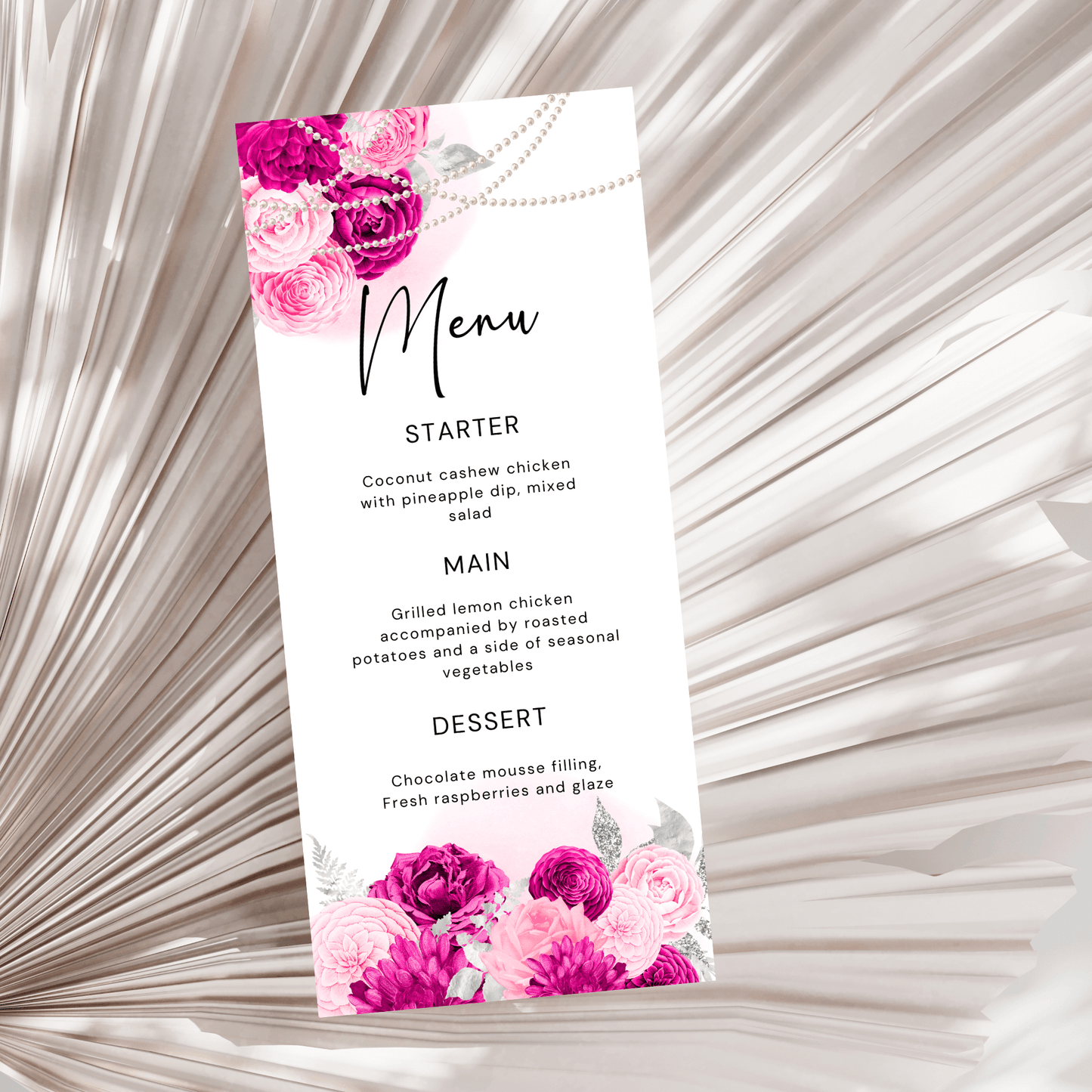 Chic Hot Pink Floral Menu Card Template