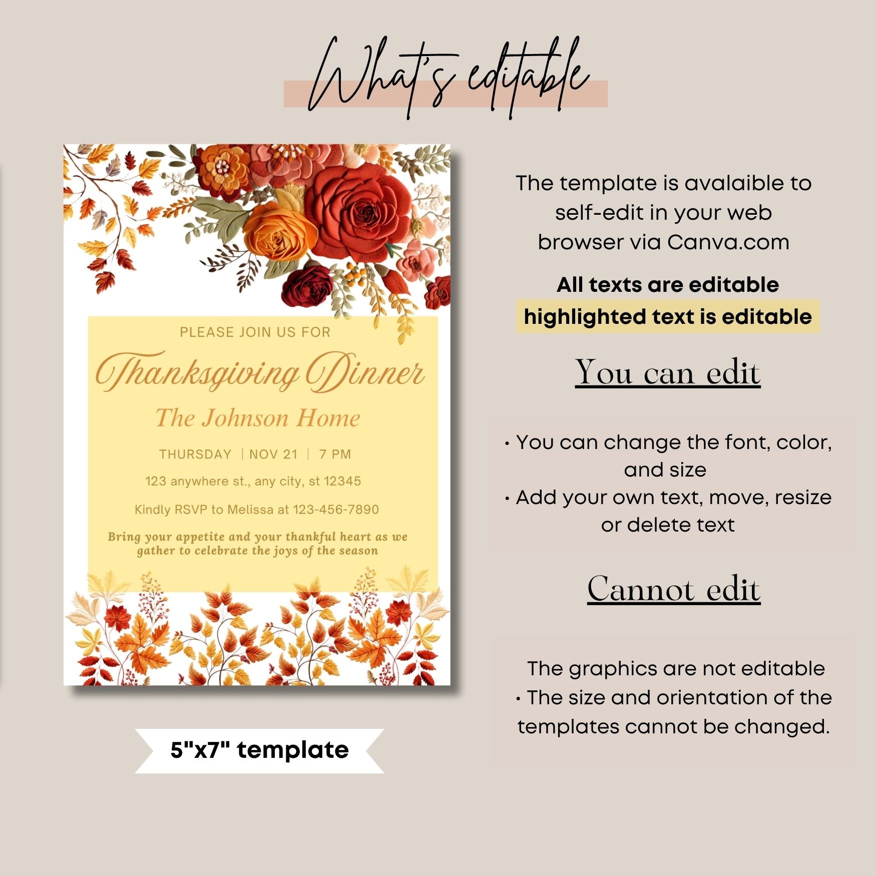 Editable Thanksgiving dinner invitation template with editable text on a beige background