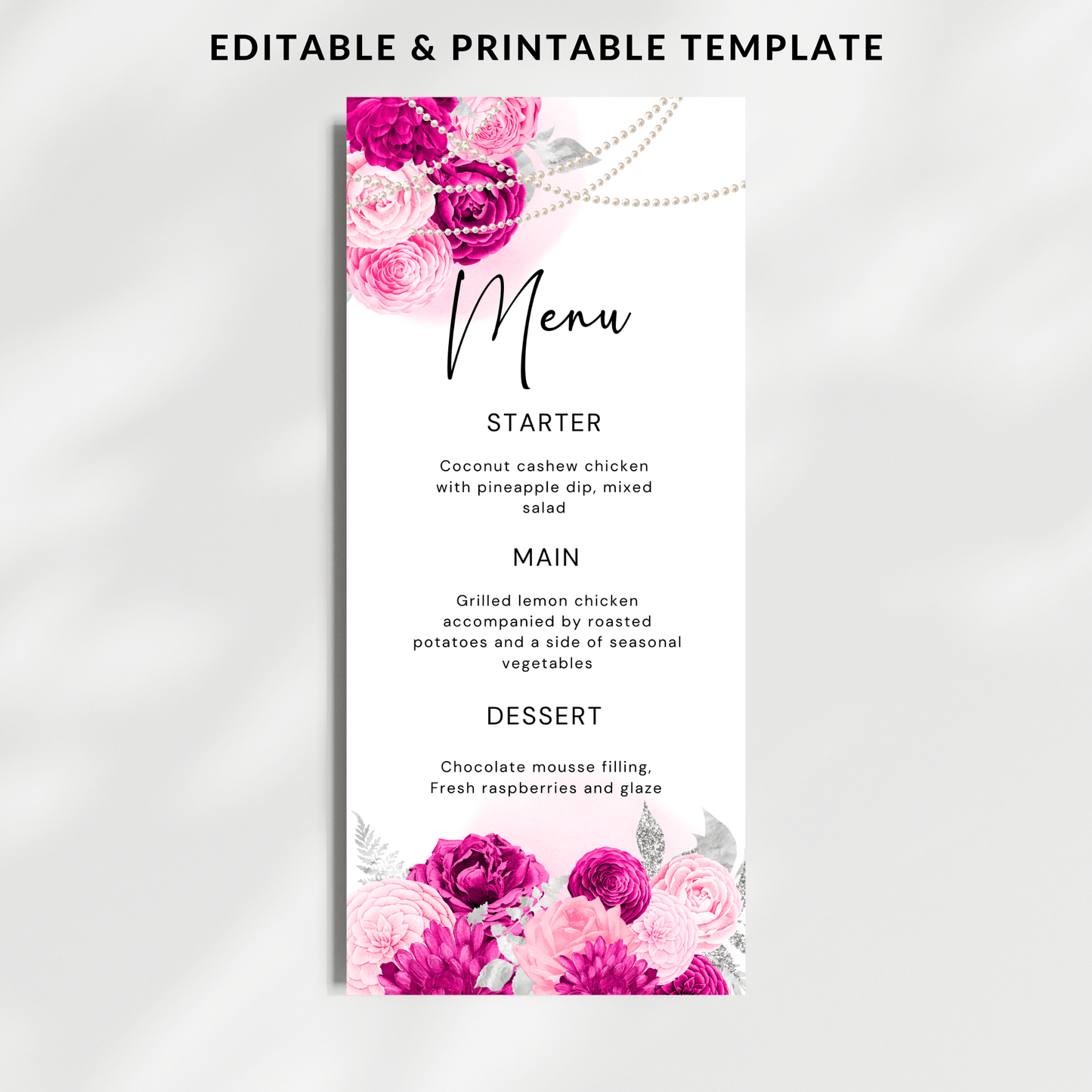 Editable and Printable Hot Pink Flowers Menu Template