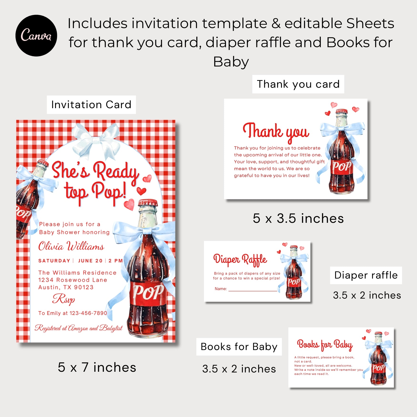 She’s Ready to Pop Baby Shower Invitation Bundle with invitation, thank you card, diaper raffle, and books for baby.