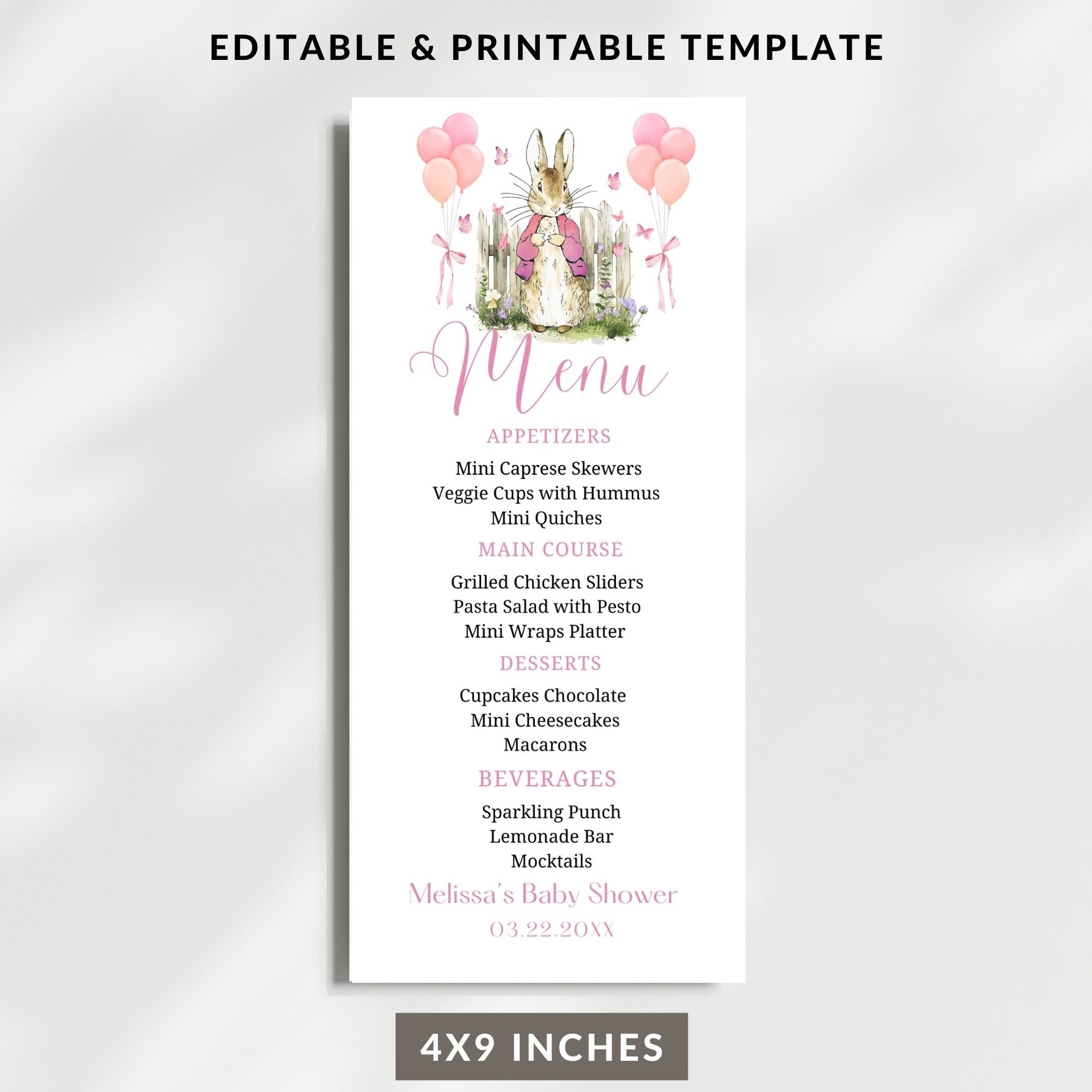 Baby shower menu template with bunny illustration on a white background