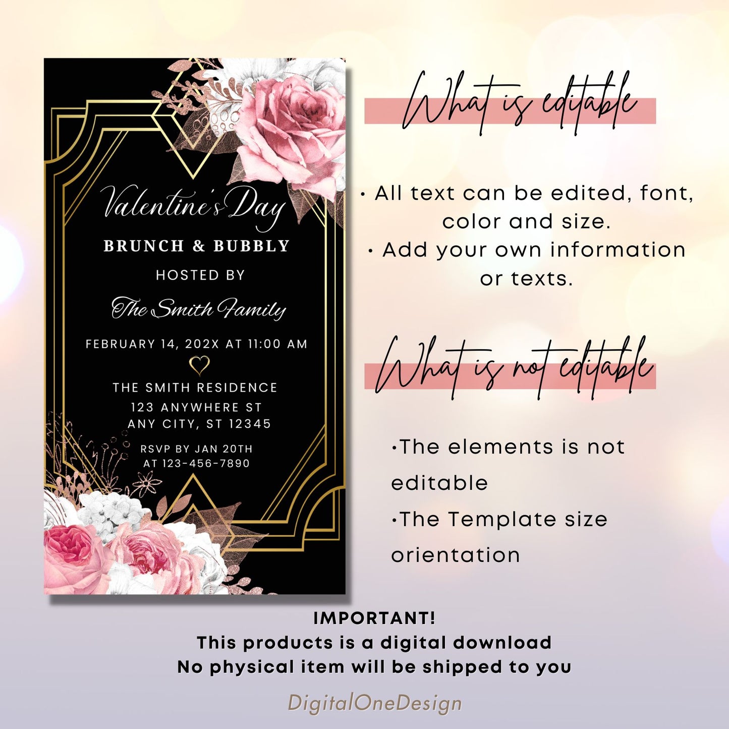 Art Deco Pink Floral Brunch and Bubbly Invite