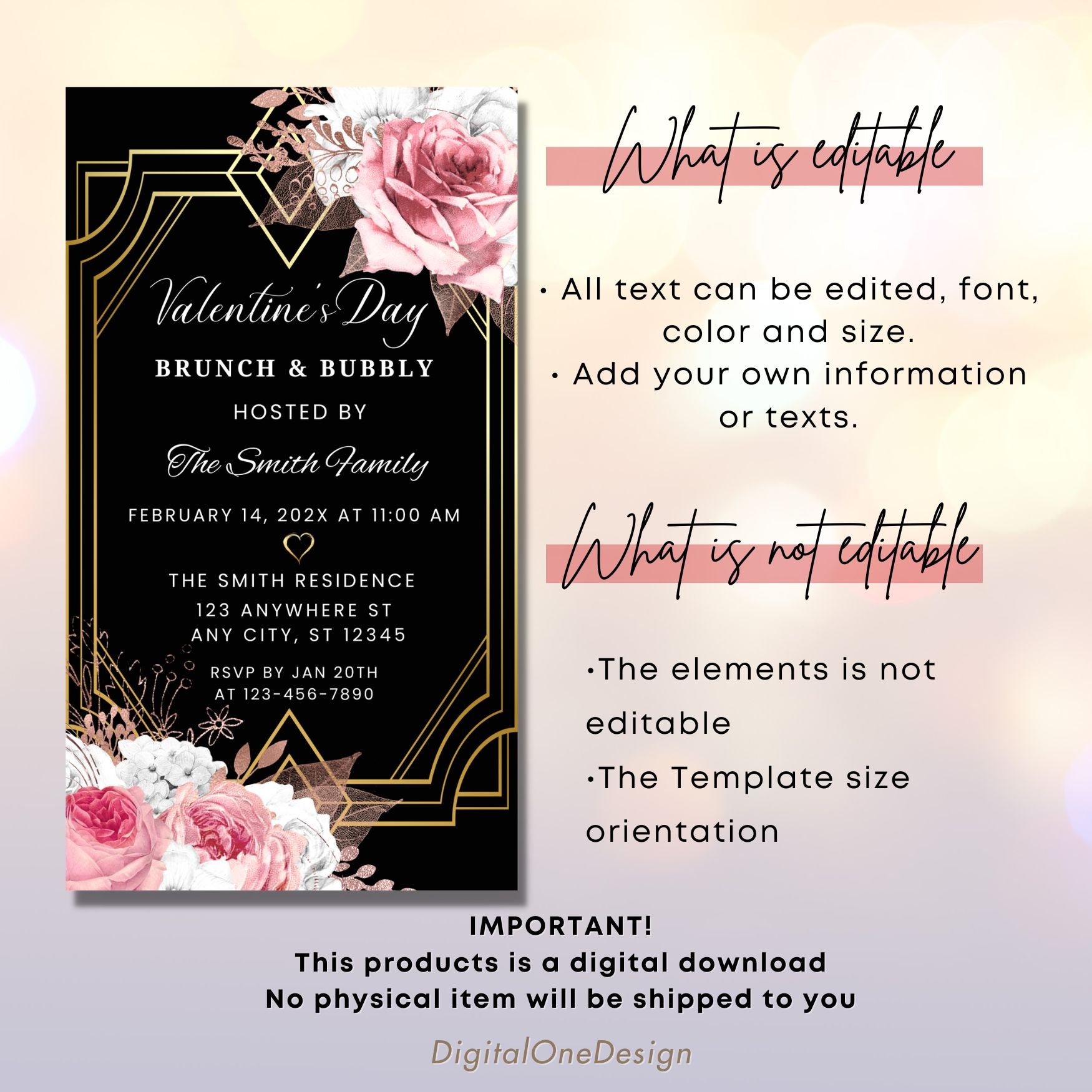 Art Deco Pink Floral Brunch and Bubbly Invite