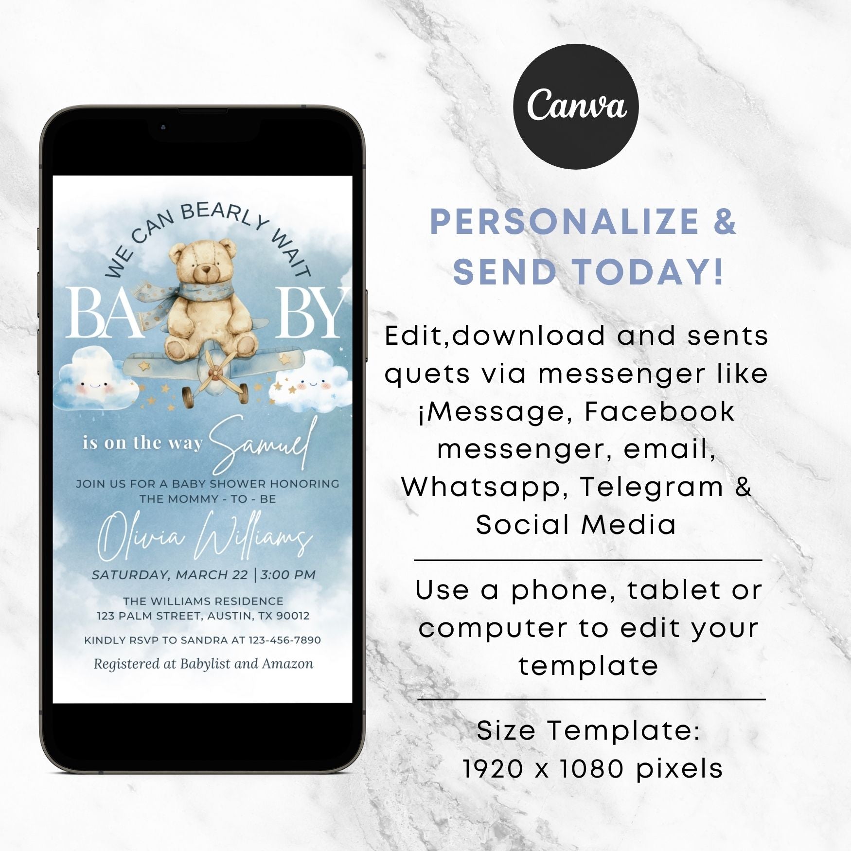 Electronic baby shower invitation featuring a cute bear pilot design, editable for guests to RSVP online.