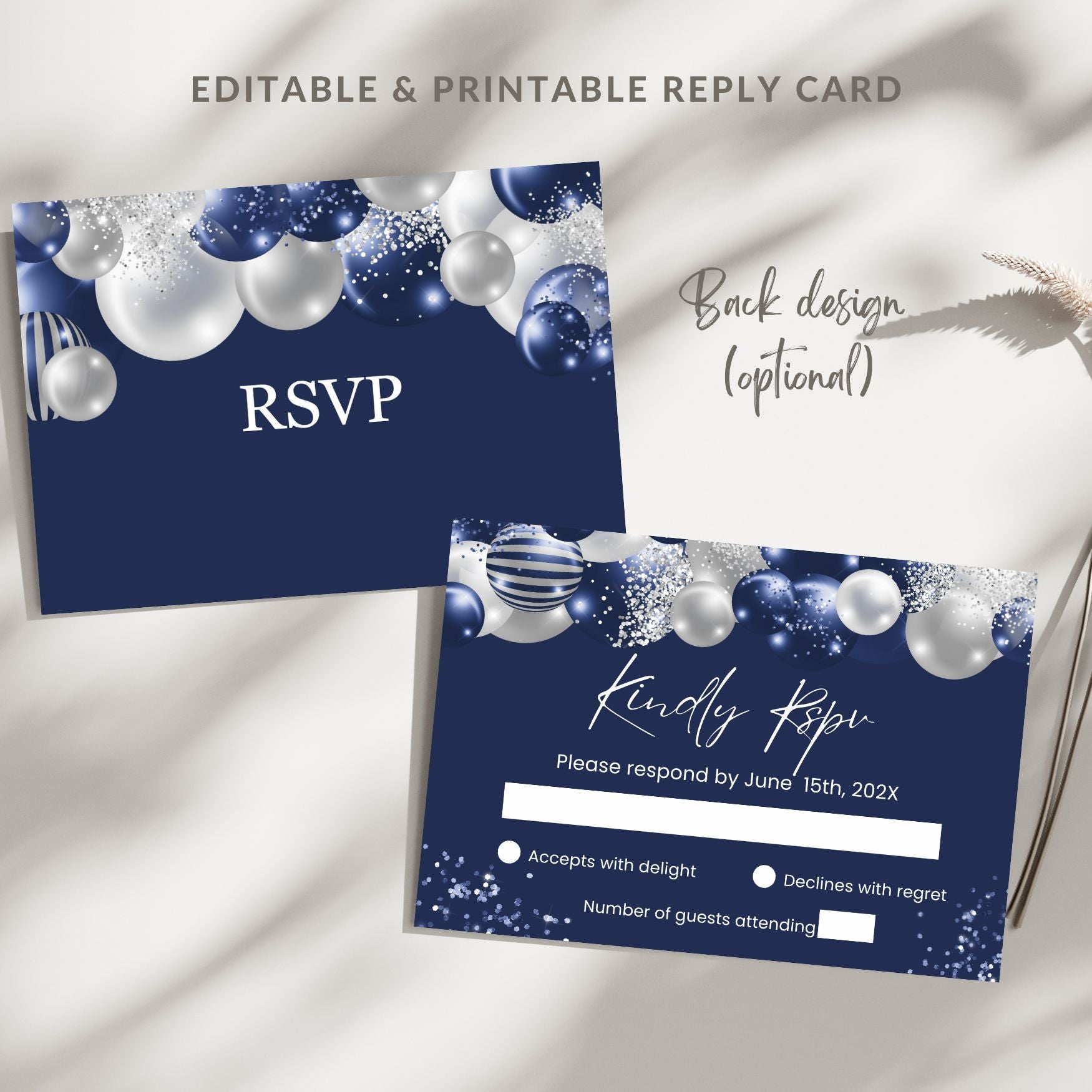 Navy blue RSVP card with white and silver ornaments on a white background