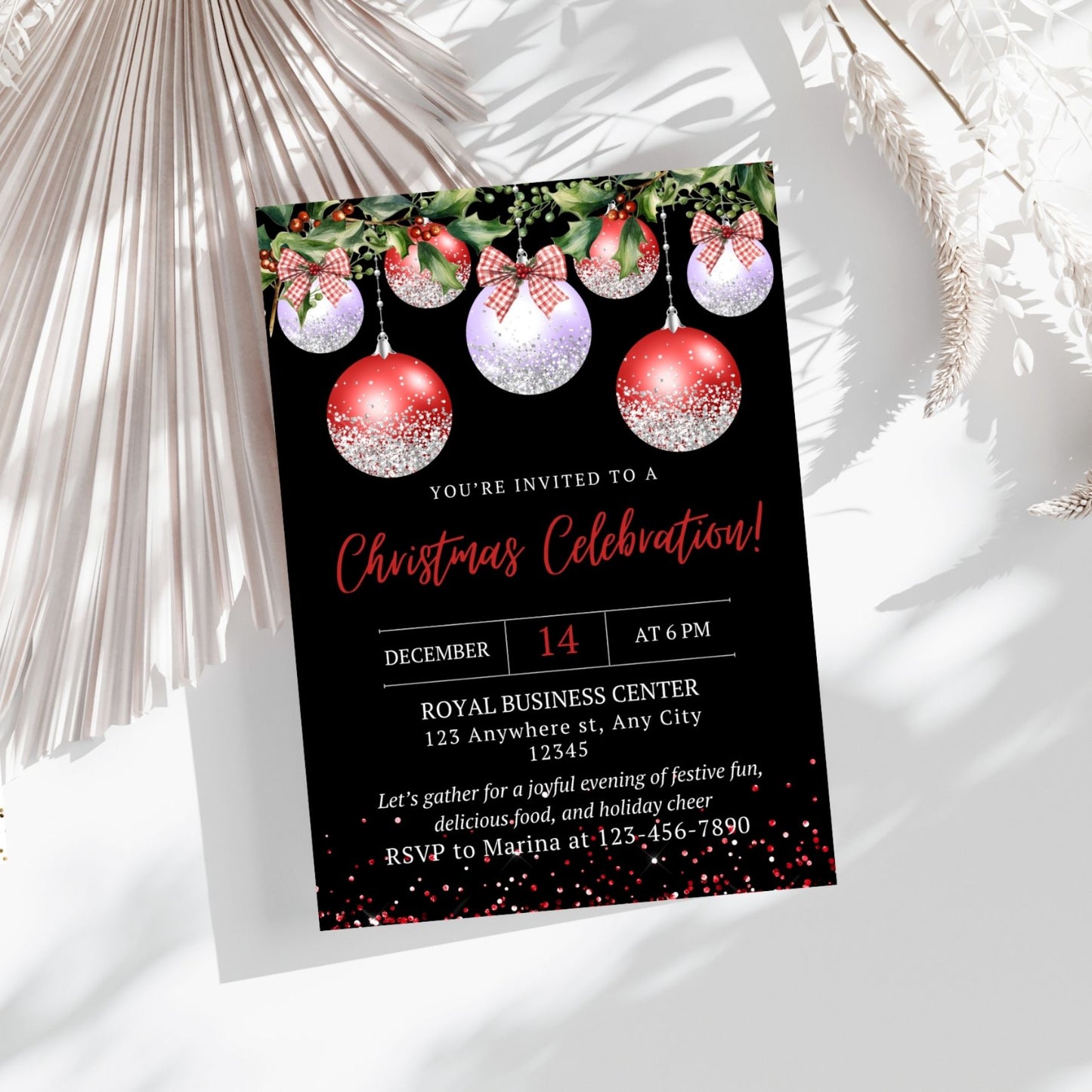 Elegant Christmas party invitation featuring red and silver ornaments, festive details, and RSVP information.