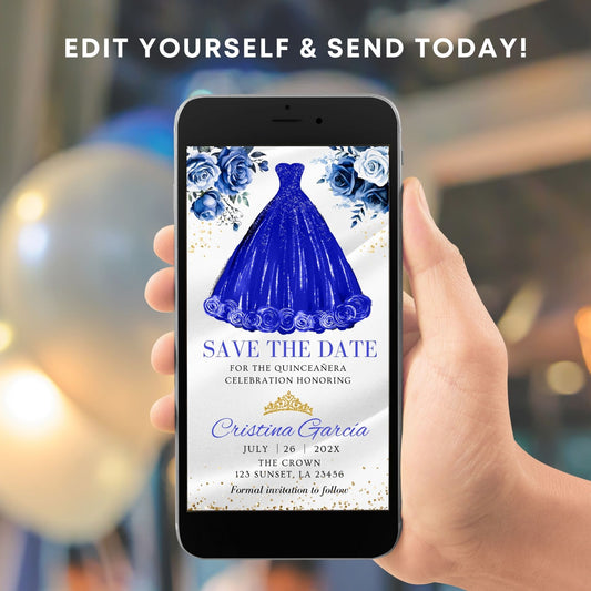 Hand holding a phone displaying a Royal blue dress invitation with 'Save the Date' text.