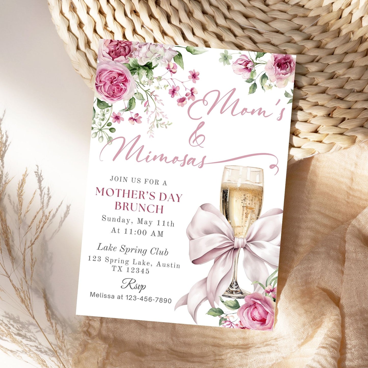 Elegant Pink Floral Mother's Day Brunch Invite