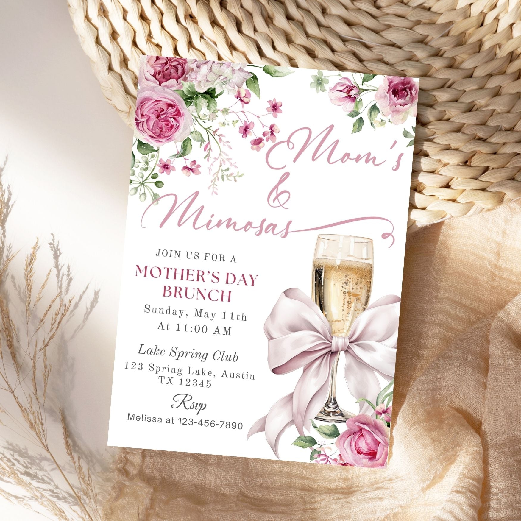 Elegant Pink Floral Mother's Day Brunch Invite