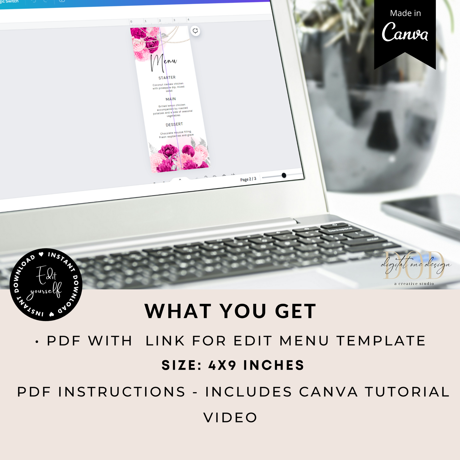 Editable Pink Floral Menu Card Template Canva