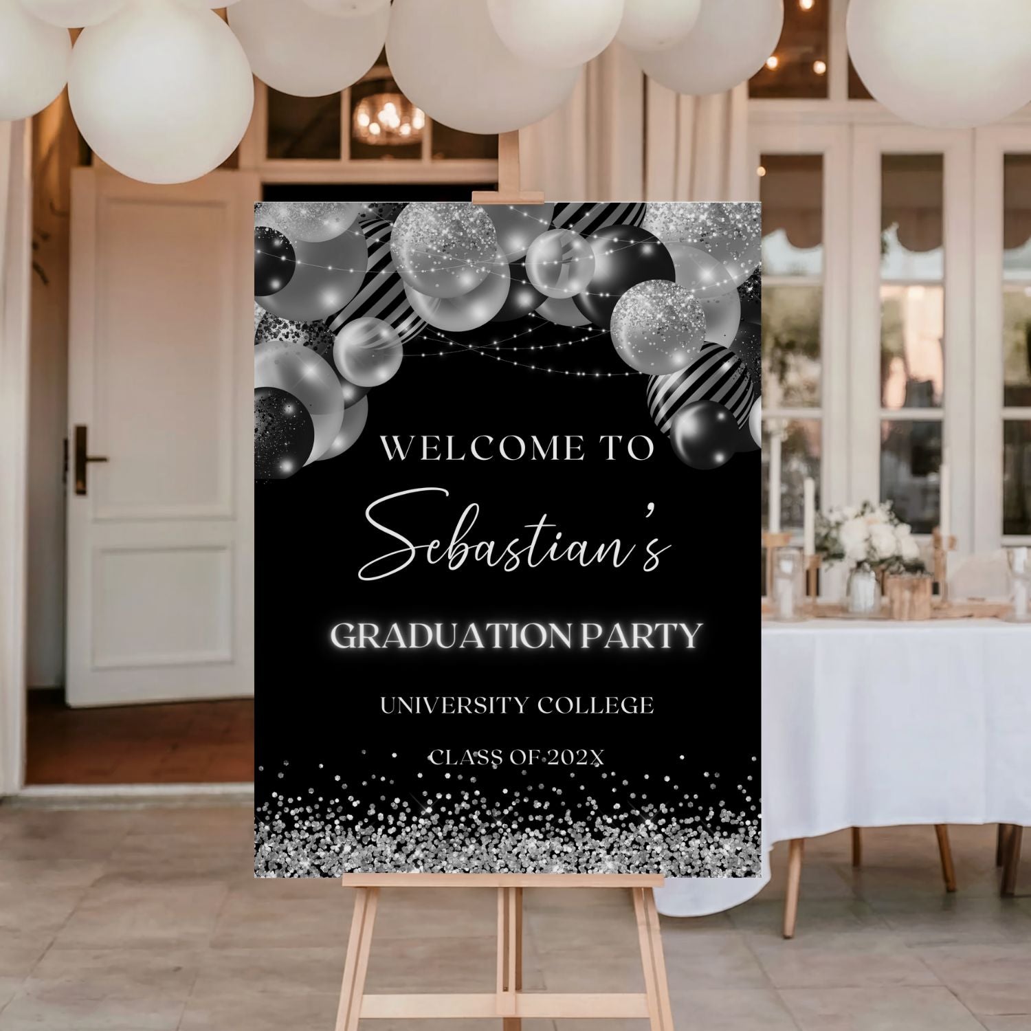 Graduation Party Welcome Sign Black & Silver