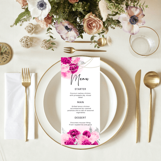 Elegant Hot Pink Floral Pearls Menu Card Template