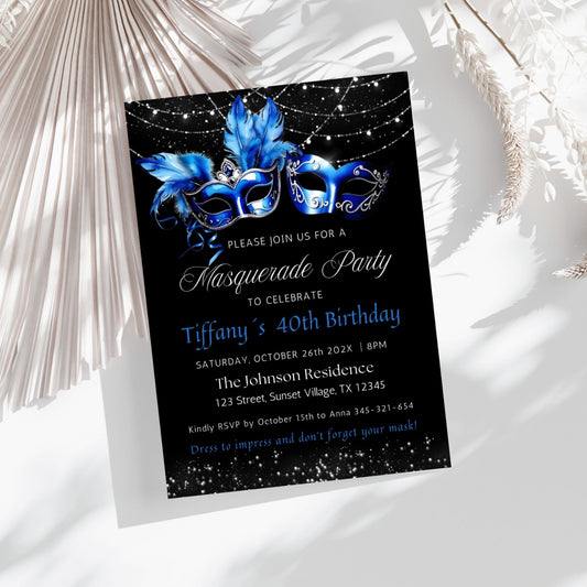 Elegant Royal Blue Masquerade Birthday Party Invitation