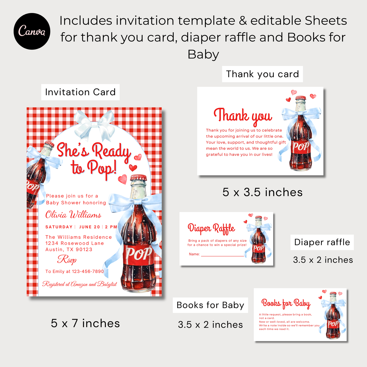 She’s Ready to Pop Baby Shower Invitation Bundle with invitation, thank you card, diaper raffle, and books for baby.
