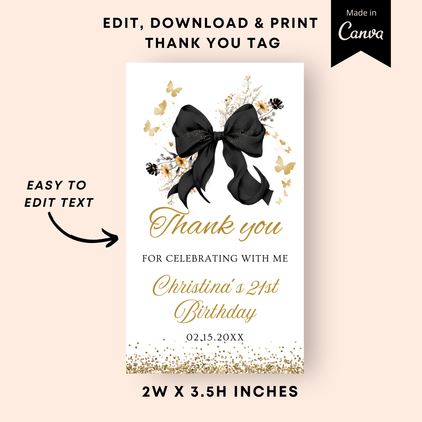 Editable Elegant Black Bow Coquette Thank You Tag