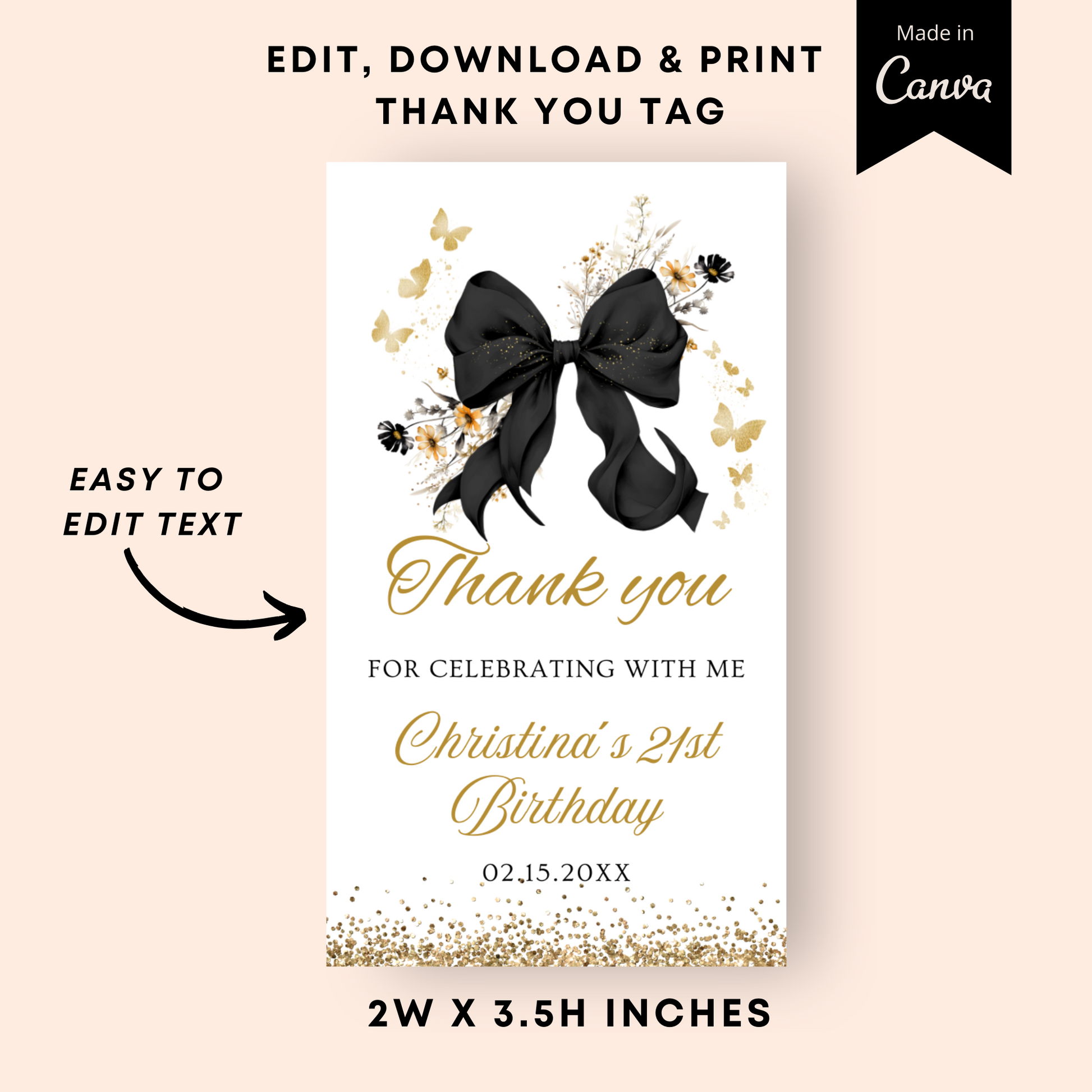 Editable Elegant Black Bow Coquette Thank You Tag