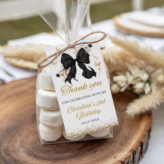 Editable Elegant Black Bow Coquette Thank You Tag