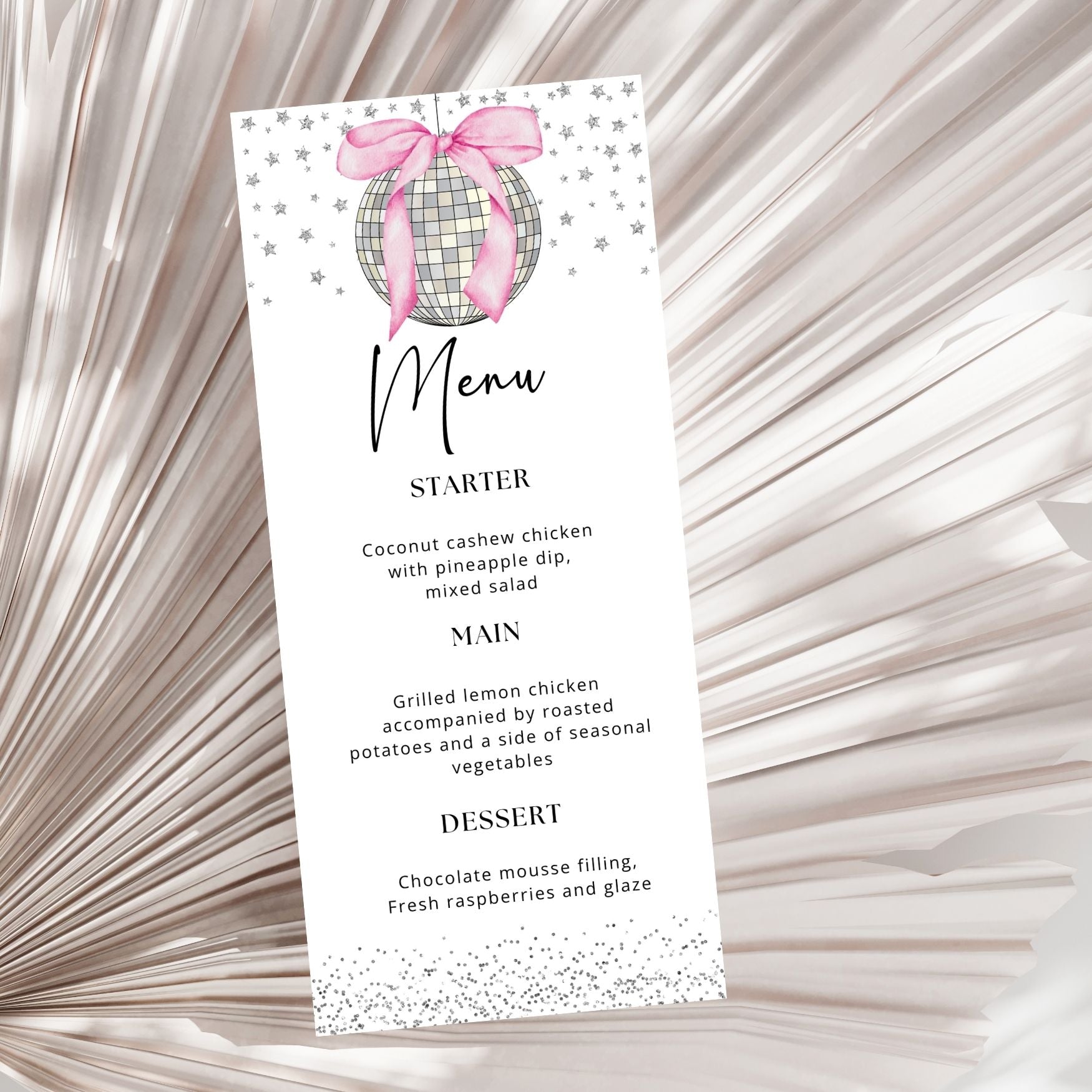 Pink Bow Disco Ball Menu Cards Template