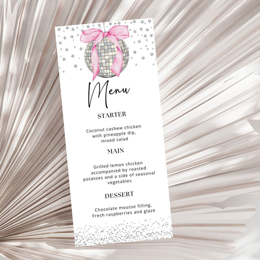 Pink Bow Disco Ball Menu Cards Template