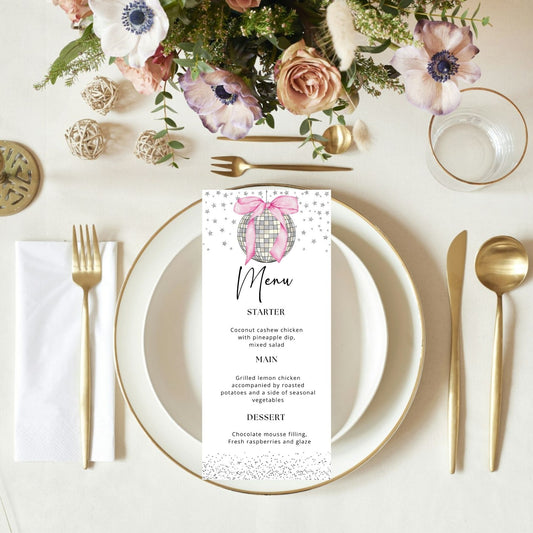Pink Bow Disco Ball Menu Cards Template