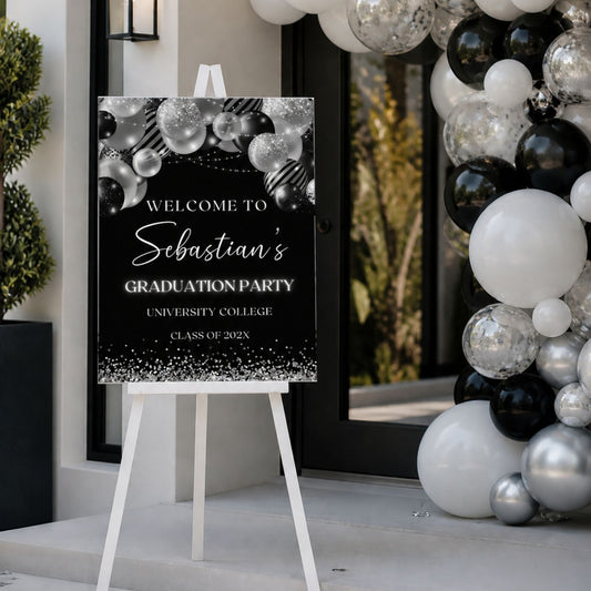 Graduation Party Welcome Sign Black & Silver