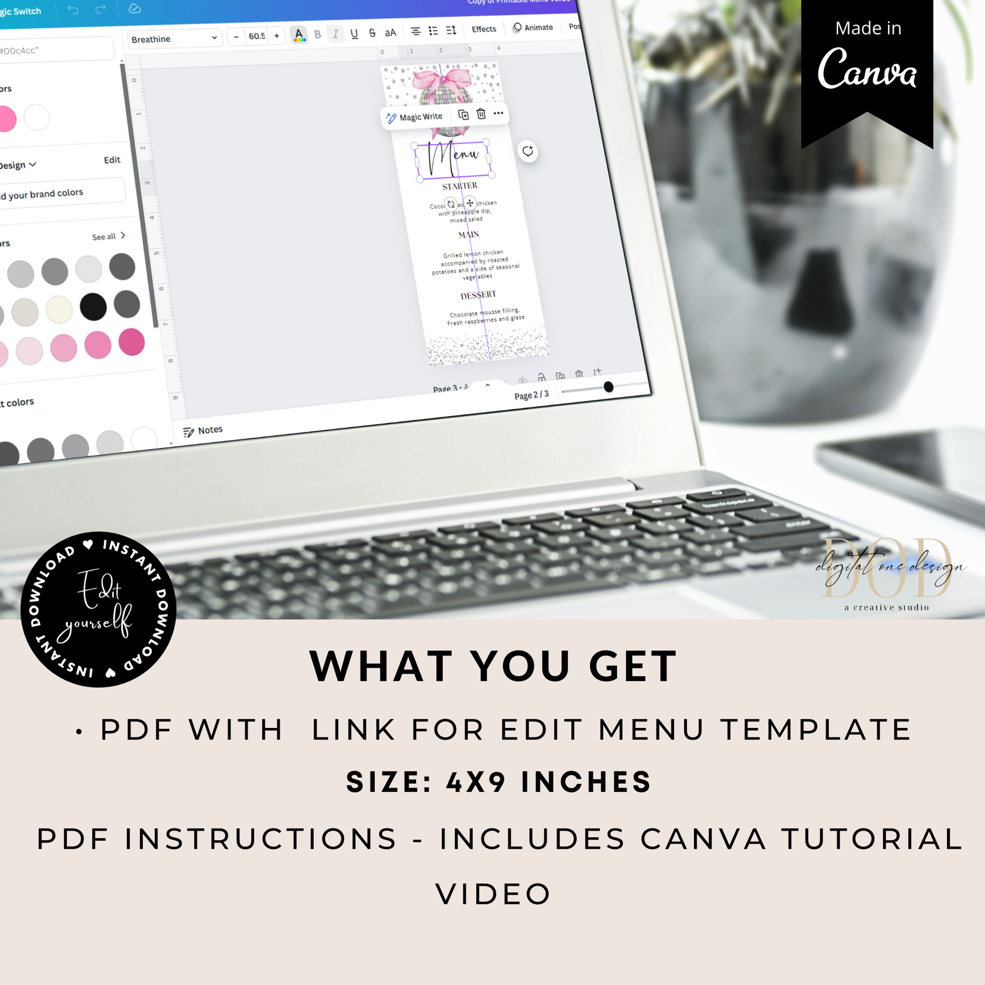 Pink Bow Disco Ball Menu Cards Template