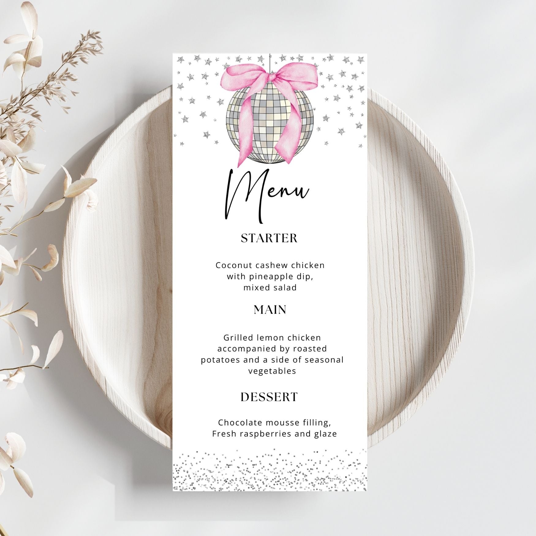 Pink Bow Disco Ball Menu Cards Template