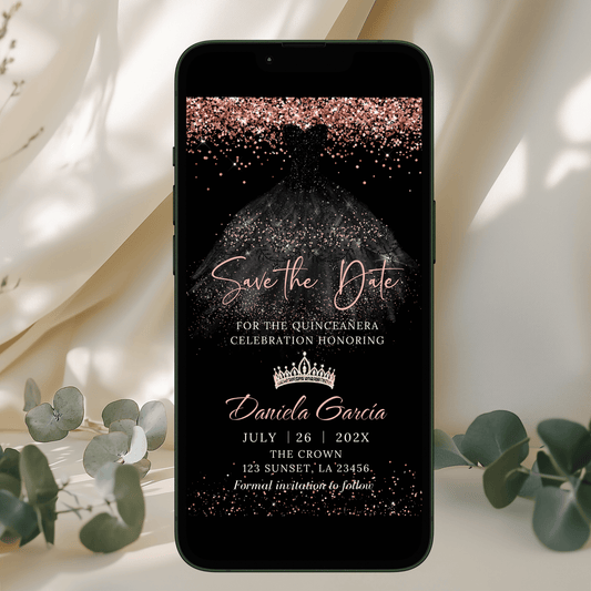 Electronic black and Rose Gold dress princess save the date template