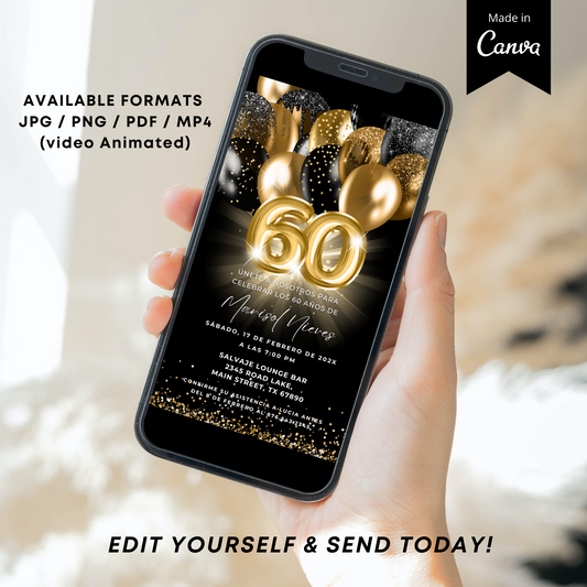 Spanish 60th birthday invitation on smartphone with black and gold design, featuring balloons and editable formats.