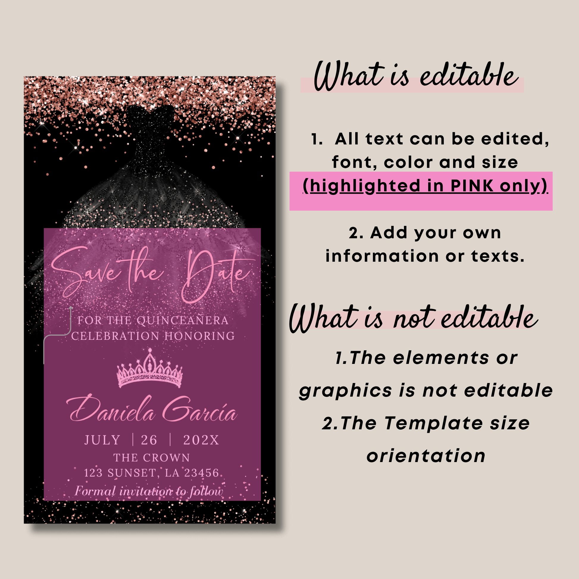 Editable Quinceanera Black and gold Birthday Invitation template